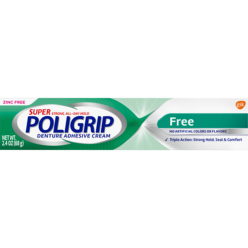 Poligrip Denture Adhesive Cream, Zinc Free, Free