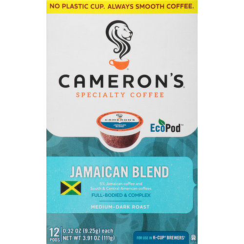 Allergen free. Gluten free. No plastic cup. Always smooth coffee. Specialty coffee. 5% Jamaican coffee and south & central American coffees. Full-bodied & complex. For use in K-cup brewers (Compatible with most single-cup brewers. K-Cup is a registered trademark of Keurig Incorporated. Cameron's Coffee has no affiliation with the owners of the identified trademark). 100% full flavor guarantee. Ok compost. Tuv Austria. Industrial. The better way to brew. Before: Made with renewable plant-based materials. During: No plastic cup, always smooth coffee. After: Less petroleum plastic waste, better yet, compostable (Compostable in industrial facilities Check locally, as these do not exist in many communities, to learn how you may compost your coffee pods at home, visit www.aboutecopods.com). Brew it big. Brew it bright. We're Cameron's coffee, and we get it: the more satisfying your sips, the more delightful your days. That's why we see the world as mug-half-full kind of place - with the next enchanting roast to entice your senses and brighten the color of your day. Roasted with small town heart in Shakopee, Minnesota, we bring you straight-up full-flavor coffee that's always smooth and never bitter. Proudly crafting America's best home-brewed coffee.  www.aboutecopods.com. www.cameronscoffee.com. Visit us at www.cameronscoffee.com. 100% recycled paperboard contains 30% post consumer waste. Recycling this box results in re-cycling, which is pretty neat.