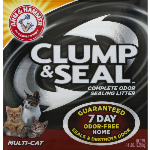 Guaranteed 7 day odor-free home. Seals & destroys odor. The standard of purity. Pour here and say goodbye to litter odors! Enjoy a 7 day odor-free home, guaranteed! This revolutionary cat litter first seals, and then destroys odors. Extra strength formula for multi-cat homes. Sealing: A proprietary blend of moisture-activated micro-granules forms an odor containing seal around urine and feces. Destroying: Then a powerful formula with heavy duty odor eliminators plus Arm & Hammer Baking Soda destroys sealed-in odors on contact. Plus: Your cat will love the softer feel. Product Features: Our Guarantee: no crumbly clumps; ultra low dust; seals & destroys odors. For over 165 years, Arm & Hammer products have provided a safe and effective way to help keep things smelling fresh and clean. An odor-free home starts with Arm & Hammer. If you're not completely satisfied, we'll refund your purchase price. Questions or Comments? Call us toll-free at: 1-800-524-1328 Monday-Friday 9am-5pm ET or visit our website at: www.ClumpandSeal.com. Welcome to the Arm & Hammer Clump & Seal fan club! I (heart) my cat & Arm & Hammer Clump & Seal. Congratulations! Join your fellow cat lovers in making the switch to the greatest litter ever created! Visit us on Facebook or at ClumpandSeal.com for: special offers; product information; reviews from cat owners who have made the switch! And after you have made the switch to Arm & Hammer Clump & Seal, be sure to tell us how it feels having an odor free home for 7 days. Like Arm & Hammer on facebook. Visit ClumpandSeal.com. Made in the USA with US & foreign ingredients.