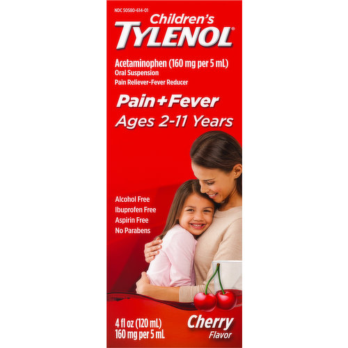 Tylenol Pain + Fever, 160 mg, Cherry Flavor, Ages 2-11 Years