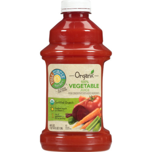 PASTEURIZED
CERTIFIED ORGANIC BY ECOCERT ICO LLC
CONTAINS 100% JUICE
REFRIGERATE AFTER OPENING TO MAINTAIN FRESHNESS. SHAKE WELL BEFORE SERVING.
ORGANIC VEGETABLE JUICE 46 FL OZ
COPYRIGHT TOPCO RGIA0219
QUALITY GUARANTEED
NO ARTIFICIAL COLORS, FLAVORS OR PRESERVATIVES
SCAN HERE FOR MORE FOOD INFORMATION