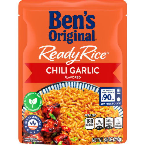BEN'S ORIGINAL Ready Rice Chili Garlic Flavored Rice makes it easy for you to spice up your meals with convenient microwave rice that is ready to eat in only 90 seconds. Combining parboiled long grain rice with chili peppers, garlic and spices, this rice pouch offers a delicious alternative to plain cooked rice with the right amount of heat to make your meals more flavorful. Perfect for people looking to cut down their time in the kitchen, this parboiled rice comes in a convenient BPA-free microwaveable pouch that eliminates prep and cleanup, allowing you to prepare a satisfying rice side dish quickly. All you have to do is place the rice pouch in the microwave and cook for 90 seconds. For traditional preparation, simply empty the pouch into a skillets and heat until it is ready to serve. Enjoy this savory flavored rice on its own for a quick bite, pair it with beans or your favorite protein, or use it to prepare a hearty casserole. BEN'S ORIGINAL Ready Rice Chili Garlic Rice contains no artificial flavors and no colors from artificial sources. BEN'S ORIGINAL is dedicated to creating meals and experiences that offer everyone a seat at the table.