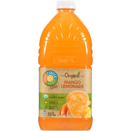 PASTEURIZEDREFRIGERATE AFTER OPENING TO MAINTAIN FRESHNESSCERTIFIED ORGANIC BY QAICOPYRIGHT TOPCO LSPA0819QUALITY GUARANTEED - IF FOR ANY REASON YOU'RE NOT SATISFIED, WE'LL GIVE YOU A FULL REFUND.OUR MANGO LEMONADE - OUR ORGANIC MANGO LEMONADE ADDS MOUTHWATERING MANGOES TO CLASSIC LEMONADE FOR FULL-BODIED REFRESHMENT THAT'S SURE TO DELIGHT. QUENCH YOUR THIRST WITH THIS TROPICAL TWIST!CHILL AND SHAKE WELL BEFORE USINGHI ME 5 CENT CA CRVCONTAINS 11% JUICEOUR STORY - WE BELIEVE IN THE SIMPLE GOODNESS OF NATURE AND DELIVERING THAT QUALITY TO YOUR NEIGHBORHOOD GROCER. WITH FULL CIRCLE MARKET, BETTER CHOICES AND AFFORDABLE PRICES ARE ALWAYS IN SEASON YEAR ROUND.SCAN HERE FOR MORE FOOD INFORMATION