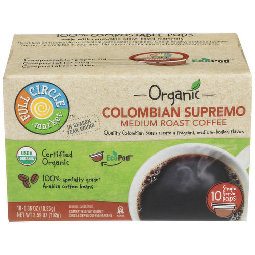 Full Circle Market Medium Roast Colombian Supremo 100% Arabica Coffee Single Serve Pods