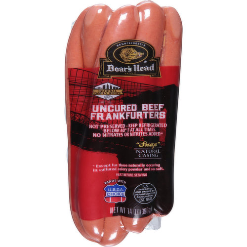 Crafted from an original family recipe, Boar's Head® Uncured Beef Frankfurters are made with USDA Choice Beef and select seasonings for an exceptional flavor and a bite with a "snap". Boar’s Head foods are made to standards rarely found today. When you want the best, ours is the name you can trust.