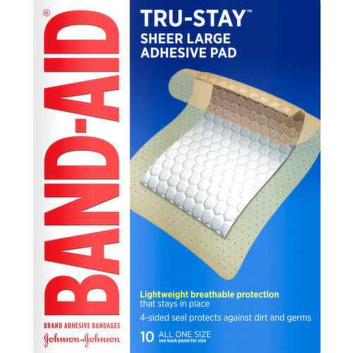 10 - 2-7/8 in x 4 in (7.3 cm x 10.1 cm). Brand adhesive bandages. Lightweight breathable protection that stays in place. 4-sided seal protects against dirt and germs. See back panel for size. Stays put so you don't have to. Tri-Ply Backing: With unique adhesive for real staying power. Quilt-Aid Comfort Pad: Designed to cushion painful wounds while you heal. The makers of Band-Aid brand adhesive bandages do not manufacture store brand products. For emergencies seek professional help. Heals the Hurt Faster. Covering wounds can help protect you against dirt and germs that may cause infection. Trusted protection for your healing wounds. Not made with natural rubber latex. www.band-aid.com. Outside US, dial collect 215-273-8755. www.band-aid.com. Use both Band-Aid brand adhesive bandages and Neosporin first aid antibiotic. Care to recycle. Made in Brazil.