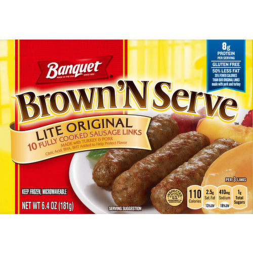 Since 1953. Banquet Brown ’N Serve lite original links are the quick, easy and convenient way to enjoy sausage. Already precooked, Banquet Brown ’N Serve lite original links deliver that fresh, out of the pan taste in just minutes. These lite original links are made with a special blend of seasonings and spices that pleases the entire family. It’s the perfect addition for a wide variety of breakfast foods! Microwavable.