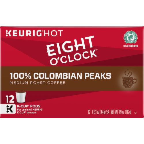 K-Cup Pods: For use in all Keurig K-Cup brewers. Coffee is amazing. It's no mere beverage. And we believe this just as passionately today as we did in 1859 when we brought our gourmet coffee to market. We take coffee personally. We care about our craft. We hope you enjoy it as much as we do. Cultivated at a high altitude in Colombia's rich volcanic soils and harvested at their optimum ripeness. Medium roasted with winey notes and a rich, elegant aroma with a full-bodied finish. Made with 100% Colombian Arabica coffee. Explorations: Single-origin varieties sourced from the world's finest coffee regions. www.EightOClock.com. www.Keurig.com. How do you brew? Get creative and share. Facebook: Instagram: Twitter. Find us on Facebook.com/EightOClockCoffee. Find us on Facebook.com/Keurig or Twitter.com/Keurig. For product inquiries contact: Eight O'Clock Coffee Company 1-800-299-2739. For brewer inquiries contact: Keurig Green Mountain, Inc. 1-866-901-Brew/1-866-901-2739. This package is made with a minimum of 35% post-consumer materials. Rainforest Alliance Certified: 100% certified coffee. The Rainforest Alliance Certified seal on our Eight O'Clock Coffee promotes environmental responsibility, social equality and economic viability for farm communities. Printed in the U.S.A.