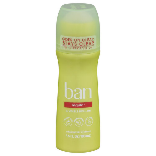 Ban Antiperspirant Deodorant, Invisible, Roll-On, Regular