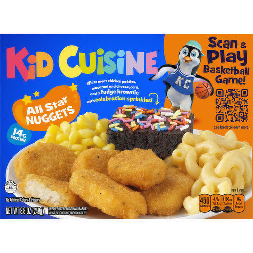 Kid Cuisine All Star Nuggets are deliciously fun frozen meals just for kids! Your kiddos will love digging into tasty white meat chicken patties, macaroni and cheese, corn and a fudge brownie with celebration sprinkles. This microwave meal is easy to prepare for quick kids meals in just a few simple steps. Keep your freezer stocked with Kid Cuisine for exciting weekend lunches and weeknight dinners that your little ones will devour, even the picky eaters. Plus, they come with an Augmented Reality sports game you can scan on pack to play. Surprise the kids with a dinner that's just for them!