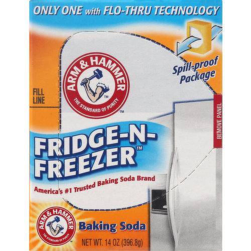 Only one with flo-thru technology. The standard of purity. America's no. 1 trusted baking soda brand. Buy 2: 1  for fridge; 1 for freezer. Flo-thru vents expose more baking soda than other similar sized products. Eliminates odors so food tastes fresher longer. While fridge-n-freezer contains pure Arm & Hammer baking soda, we do not recommend it for baking as the granulation is designed specifically for deodorizing. After use, pour down the drain while running warm to freshen. Money back guarantee. Any questions or comments, please call: 1-800-524-1328, 9 am - 5 pm ET. armhammer.com. Visit armhammer.com for more baking soda tips and special offers. Spill-proof package.