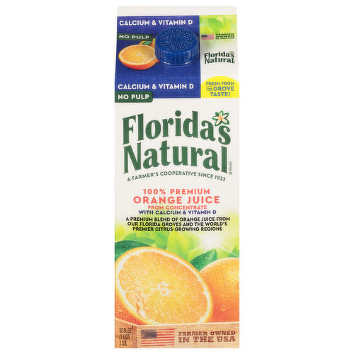 Fresh from the grove taste! 100% premium. A farmer's cooperative since 1933. Pasteurized. We're different. Florida's Natural is a proud citrus cooperative that's owned by hundreds of Florida farmers and their families. We're real people, working together for over five generations to grow the wonderful citrus we all love. Unfortunately, Mother Nature has been pretty harsh over the past years, and our harvest is about 70% lower than just a decade ago. There's just not enough juice in Florida, so all our varieties now contain a blend of juice from Florida and Mexico. Rest assured though; as a citrus cooperative we're all hands in, from tree to table working together, picking only the sweetest, juiciest oranges to bring you the most delicious, freshest-tasting juice you love from Florida's Natural. Together, from tree to table. Florida's Natural. Deeley Hunt. Lake Wales, Florida.