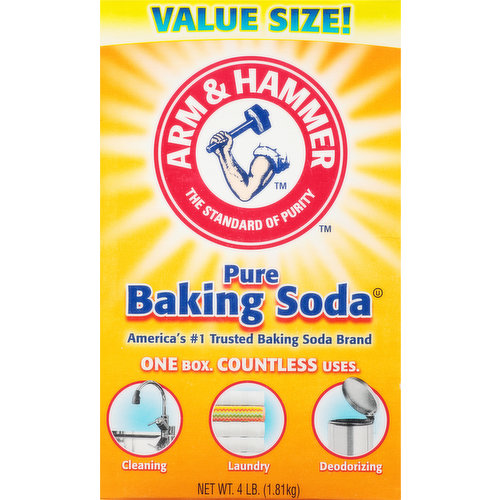 Other Information: Each 1/2 teaspoon contains 616 mg sodium. The standard of purity. America's no 1 trusted baking soda brand. One box. Countless uses. Cleaning. Laundry. Deodorizing. Purity for over 170 years. It's true that all baking sodas must meet minimum quality standards before they can reach the consumer, but despite popular belief, all baking sodas are not made with the same level of care. For over 170 years, Arm & Hammer baking soda has exceeded quality standards to deliver a product that maintains a commitment to purity and quality. That places Arm & Hammer baking soda in a category apart from any other baking soda. Our purity meets the most stringent requirements and conform to pharmaceutical and food code standards around the world. Not every baking soda can make that claim. Because we understand it's important to you, Arm & Hammer baking soda is committed to making sure that what you put into body and use in your home is as pure as it can be. The Arm & Hammer money back guarantee. We unconditionally guarantee 100% satisfaction. If you are not satisfied in any way, please call our Consumer Relations Department toll-free at: 1-8900-524-1328, 9 am - 5 pm et. armhammer.com. how2recycle.info. Visit armhammer.com for more baking soda tips and special offers. Visit us at www.armhammer.com for more useful ideas you can count on from a product you trust. As always, Arm & Hammer baking soda is the natural and affordable solution for cleaning and freshening throughout your home. Try fridge-n-freeze. Eliminates odors to help foods taste fresher longer. Sustainable forestry initiative. Certified sourcing. www.sfiprogram.org.