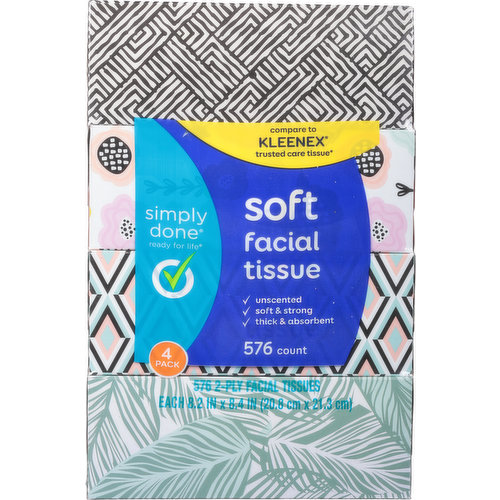 Ready for life. Compare to Kleenex trusted care tissue (This product is not manufactured or distributed by Kimberly-Clark owner of the registered trademark Kleenex). Unscented. Soft & strong. Thick & absorbent. FSC: Mix - Paper from responsible sources. www.fsc.org.