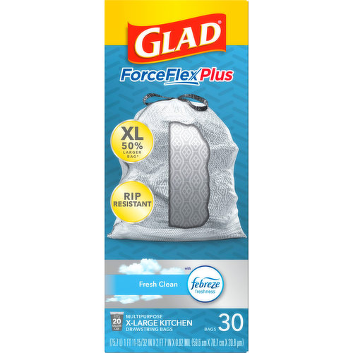 XL 50% larger bag (Compared to a standard 13-gallon Glad kitchen bag). RIP resistant. With Febreze freshness. Fits 20 gallon can. Glad’s 3-in-1 OdorShield traps, lock & neutralizes odors, leaving behind a fresh clean scent. Superior strength (Compared to a standard 13-gallon Glad kitchen bag). Double side seams. Reinforced bottom. Ripguard protection. Leakguard protection. Traps-locks neutralizes odors. Grips-the-can drawstring bags.