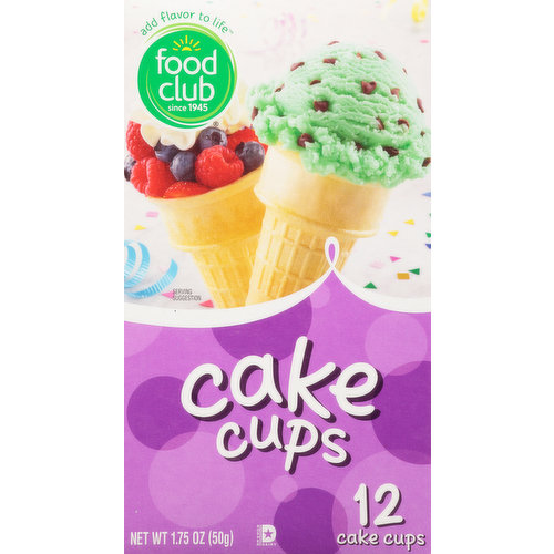 Add flavor to life. Since 1945. Smiles break out instantly when you serve crisp, delicious food club cake cups. They're scrumptious, loaded with fruit, ice cream or simply by themselves. For miles of smiles, let them eat cake cups! Quality Guaranteed: Caring for your family is easy with food club. 100% satisfaction or double your money back. www.foodclubbrand.com. Scan for more food information or call 1-888-423-0139. Our Commitment: Our club is local. Food Club is sold at local retailers who are proud to serve and support your community.