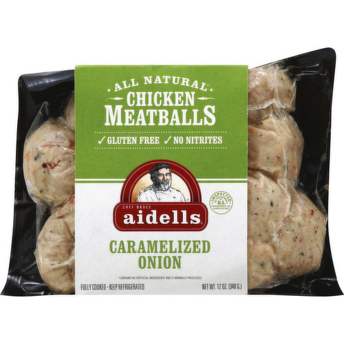 All natural (contains no artificial ingredients and is minimally processed). Gluten free. No nitrites. Inspected for wholesomeness by US Department of Agriculture. Fully cooked. We make these juicy chicken meatballs with caramelized onions and a touch of brown sugar for a perfect blend of sweet and savory. And our meatballs do more than look good on a plate of pasta. Mix them into your favorite soup. Tuck them into a bun. Serve them at a party with toothpicks. The options are deliciously endless. No artificial ingredients. Minimally processed. Gluten free. No MSG. No nitrites. Chicken raised without added hormones (federal regulations prohibit the use of growth hormones in chicken). Visit us for recipes & more: www.aidells.com. Find us on Facebook. We're proud of our meatballs and love to hear what our customers think. Give us a call! 1-800-546-5795. Our meatballs are fully cooked.