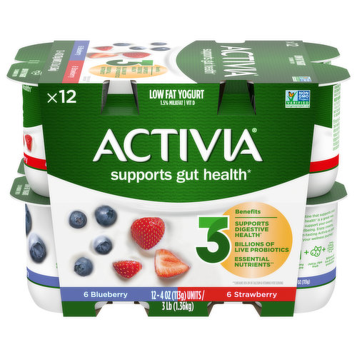 Activia Yogurt, Low Fat, Strawberry, Blueberry