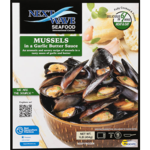 An aromatic and savory recipe of mussels in a tasty sauce of garlic and butter. International cuisine. Fully cooked & frozen. Delicious in 6 mins. Heat & eat. We are the source. An aromatic and savory recipe of mussels in a tasty sauce of garlic and butter. Our rope grown mussels are harvested from cold clean waters of the southern coast of Chile with no artificial input from man. Our mussels are produced naturally using what nature has to give. Within hours of harvesting, the mussels are cleaned, cooked with our delicious sauce, and frozen in a vacuum sealed bag. This ensures that the mussels we bring from tide to table retain their fresh from the sea flavor and texture. Quick and convenient, a truly enjoyable seafood dining experience. www.bapcertification.org. www.nextwaveseafood.com. Explore us! Scan. Follow us on Facebook! Best Aquaculture Practices. bapcertification.org. Farm raised in Chile/Product of Chile.