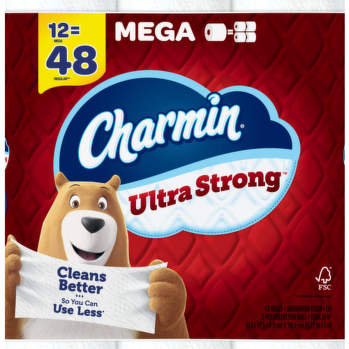 Get sparkly clean with Charmin Ultra Strong. It’s 4X stronger when wet* and has a diamond weave texture. It’s woven like a washcloth and holds up when you wipe. It even cleans better so you can use less* and go longer without changing the roll**. We also made it MEGA in size, so you get mega value. That’s right, our Charmin Ultra Strong Mega Roll is way bigger, equals 4 regular rolls, and it’s more bang for your behind so you’ll be running back to the store less and less (based on number of sheets in Charmin Regular Roll bath tissue). Our Charmin Ultra Strong toilet paper is also 2-ply and designed to be clog-safe and septic-safe so you can flush confidentially and keep clean. We all go, why not Enjoy The Go with America’s favorite toilet paper***.*vs. leading USA 1-ply bargain brand** vs. Charmin Regular Roll***Charmin Brand based on sales. Source: Nielsen 2021 dollar sales.
