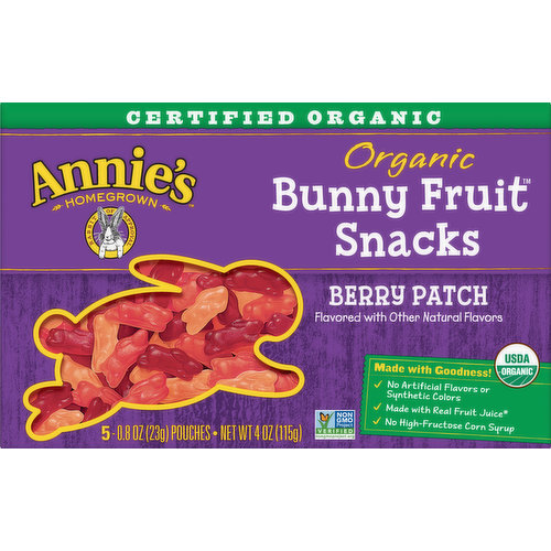Flavored with other natural flavors. 50% DV of vitamin c. USDA Organic, Gluten free. Certified Organic by Oregon Tilth. Non GMO Project Verified. nongmoproject.org. We work with trusted suppliers to source only non-GMO ingredients. Homegrown. Rabbit of approval. Made with goodness! No synthetic colors. Made with real fruit juice (These fruit snacks are made with organic pear juice concentrate. See ingredient list. They are not intended to replace fruit or vegetables in the diet). No high-fructose corn syrup. Gelatin free. Meet Bernie! Bernie was Annie's pet Dutch rabbit. Annie chose him to be our official rabbit of approval representing the simplicity, care, and goodness in all of our products. annies.com. how2recycle.info. We love to hear your feedback! Contact us at Annies.com or 1-800-288-1089 reference the best if used by date. Visit Annies.com to learn commitment to a better planet. Box Tops for Education: No more clipping. Scan your receipt. See how at BTFE.com. Certified 100% recycled paperboard. Minimum 35% post-consumer content. Please reduce your footprint, too! Recycle/reuse this box. Recycle paper box, do not recycle multi-layer pouch. how2recycle.info.