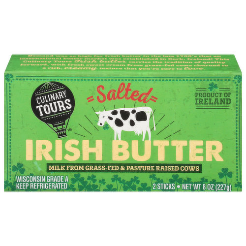 Demand was so high for Irish Butter in the late 1700's that an international butter market was established in Cork, Ireland! This Culinary Tours Irish Butter carries the tradition of quality forward, with fresh sweet cream from grass-fed cows churned to a rich, creamy texture that you're sure to love.