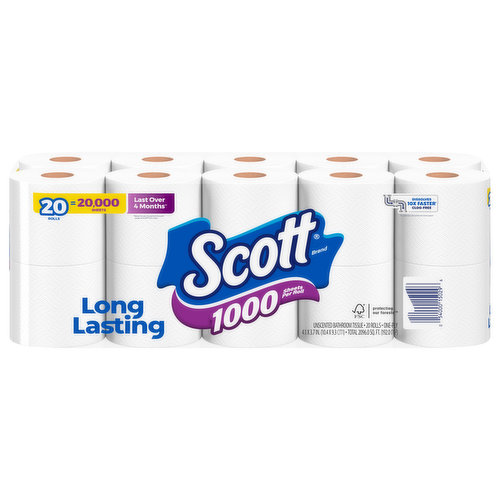 Scott Bathroom Tissue, 1000, Unscented, One-Ply - 12 rolls