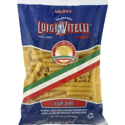 Enriched macaroni product. Since 1885. 100% Durum wheat semolina. Cooking time 8 - 10 min. Italian macaroni product. 100 Years of quality. 2 Cut ziti. www.vitellifoods.com. Facebook. Dispose of properly. Green dot licensed Imported from Italy. Product of Italy.