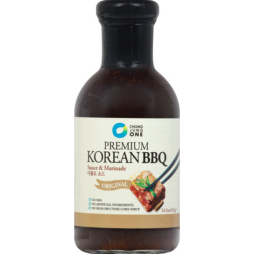 No MSG. No artificial ingredients. No high fructose corn syrup. Premium Korean BBQ: It’s the irresistible aroma and rich flavor of meat and vegetables marinated in a rich blend of flavors and grilled to perfection. Our premium Korean BBQ marinade blends pure soy sauce with the flavors of apple, pineapple, garlic, black pepper, and savory miso to transform meats and vegetables into an exotic Korean food adventure. Of course, it also makes the perfect marinade to create delicious Korean style grilled beef - Bulgogl! www.chungjungoneusa.com. www.gochujangsauce.com. Made in USA.