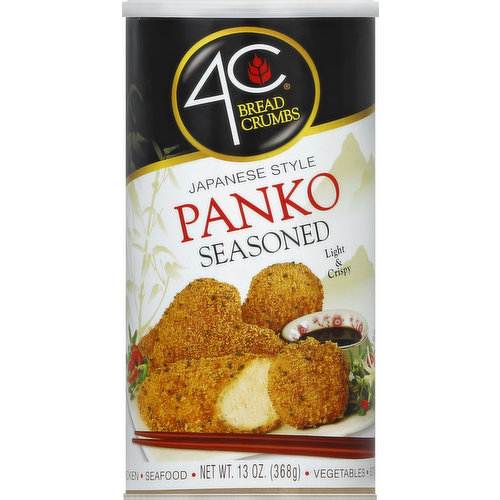 Light & crispy. Chicken. Seafood. Vegetables. Stuffings. Cutlets. Meat Balls. Panko Japanese Style Bread Crumbs are delicate, light & crispy, the perfect coating for chicken, fish, seafood, meat and vegetables. Our Panko Bread Crumbs are large and flaky and when combined with our exquisitely balanced blend of herbs, spices and 100% imported Pecorino Romano Cheese make all your recipes lighter and crunchier. For more delicious recipes. Visit us at www.4C.com. Facebook. This product is sold by weight. Settling may occur during shipping.