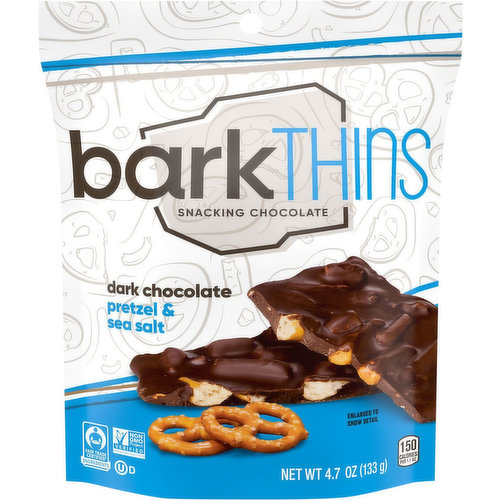 Finally, a snack you can feel good about! Fair trade certified, kosher certified and non-GMO still equals delicious in these crisp dark chocolate, pretzel and sea salt bark treats. Enjoy the perfect combination of smooth dark chocolate, crisp pretzel and a touch of sea salt in a bag of barkTHINS treats you can share at lunch, during snack breaks and throughout every movie marathon. With this stand-up bag, you'll have enough to keep around for moments requiring a delicious treat at home, in the workplace and anywhere in between. Share some chocolate bark with friends, family members and co-workers to get everyone's day going a little smoother. While you're at it, remember to include these treats in your office snack collection and bring them with you during trips for on-the-go hunger pangs. Feeling creative? Take barkTHINS snacks into the kitchen with you to up your baking game. Try crumbling layers of sea salt and pretzel snacking chocolate over your favorite baked cookie or pie for the perfect crunchy touch and all the right flavors.