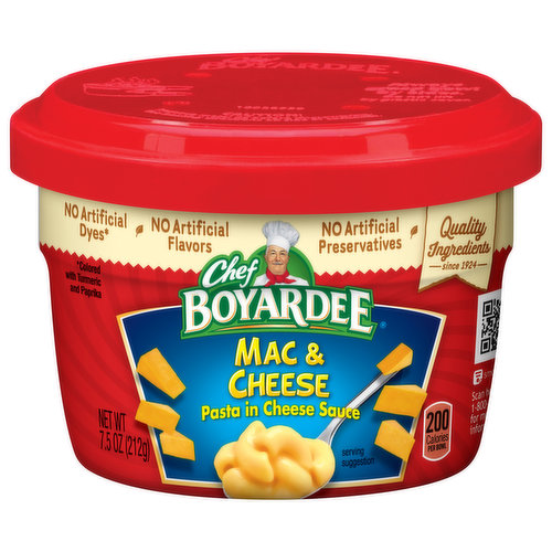 For a cheesy and tasty meal, get Chef Boyardee Mac & Cheese, which takes traditional pasta and covers it in a creamy cheese sauce you’ll love. All of this is packed into a microwavable bowl, so you can have a delicious snack in just 45 seconds. Don’t bother with dishes-just heat and enjoy! Chef Boyardee pasta contains no artificial flavors, colors, or preservatives. With 6 g protein and 0 g trans fat per serving, Chef Boyardee Mac & Cheese is perfect for a hearty meal or delicious after-school snack. From pizza sauce to spaghetti, ravioli, and lasagna, there's something for everyone to enjoy from Chef Boyardee.