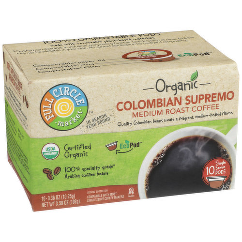 Full Circle Market Medium Roast Colombian Supremo 100% Arabica Coffee Single Serve Pods