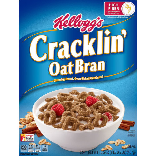 Crunchy, sweet, oven-baked oat cereal. Per 3/4 Cup Serving: 230 calories; 3.5 g sat fat (19% DV); 65 mg sodium (3% DV); 16 g total sugars. Whole Grain. 15 g or more per serving. WholeGrainsCouncil.org. Eat 48 g  or more of whole grain daily. High Fiber. Contains 8 g total fat per serving. Kelloggs.com/DidYouKnow.  The Joy of delicious eating begins with Kellogg's Cracklin' Oat Bran cereal! Each oven-baked, distinctly shaped 'O'-like cluster is packed with the unforgettable flavor of golden oats, coconut, and a touch of cinnamon! The Cereal that goes beyond the bowl! Don't keep Kellogg's Cracklin' Oat Bran confined to the breakfast table - take it with you to share and enjoy wherever you go! A handful of Kellogg's Cracklin' Oat Bran trail mix is great for snacking. However you snack it or pack it, enjoy any time of the day. Made with whole grain oats as the 1st ingredient. kelloggs.com. how2recycle.info. Did you know? Explore all the good stuff you may not know about your favorite cereals at Kelloggs.com/DidYouKnow. Questions or comments? Visit: kelloggs.com. Call: 1-800-962-1413. Provide production code on package. Kellogg's Family Rewards. Collect Points Earn Rewards. Two easy ways to collect points! Go to KFR.com to learn more.