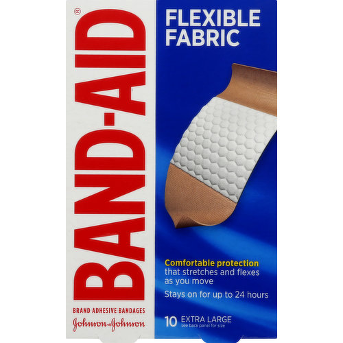 1.0 1-3/4 in x 4 in (4.4 cm x 10.1 cm). No.1 doctor recommended brand. Brand adhesive bandages. Comfortable protection that stretches and flexes as you move. Stays on for up to 24 hours. Moves with you, so you won't miss a moment. Memory weave fabric stretchable, comfortable fabric made with movement in mind. Quilt-aid comfort pad designed to cushion painful wounds while you heal. The marker of Band-Aid brand adhesive bandages do not manufacture store brand products. Heals the hurt faster. Covering wounds can help protect you against dirt and germs that may cause infection. Trusted protection for your healing wounds. Not made with natural latex. For medical emergencies seek professional help. www.band-aid.com. Questions? 800-565-2873; Outside US, dial collect 215-273-8755. Use both band-aid brand adhesive bandages and Neosporin first aid antibiotic. Care to recycle. Made in China.
