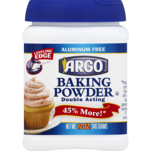 Aluminum free. Leveling edge. 45% more! (Argo 12 oz container has over 45% more baking powder than competitors' 8.1 oz containers). Gluten-free. For more great recipes or to contact us by email, visit our website at argobaking.com or call us at 1-866-373-2300. We value your comments and questions! Please recycle. Product of USA.