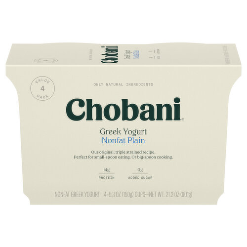 Chobani Yogurt, Greek, Nonfat, Plain, Value 4 Pack