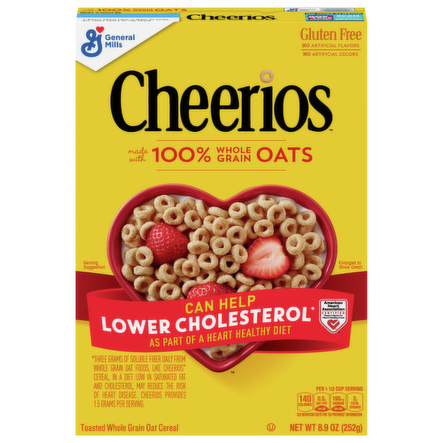General Mills Original Cheerios Heart Healthy Cereal provides a wholesome and delicious option to start your day. Made with 100% whole grain oats, this toasted oat cereal is kosher, gluten free and made with no artificial flavors or colors. These tasty little Os are the perfect size for tiny fingers, making them a great first finger food for toddlers to eat, pick up and enjoy while practicing their self-feeding skills. Serve a bowl of this whole grain cereal for breakfast, add it to your favorite trail mix, make it into cereal bars or enjoy it out of the box for heart healthy snacks perfect for any time of day. A breakfast cereal you can feel good about, each great-tasting serving of Original Cheerios is cholesterol free and delivers 1 gram of soluble fiber and 2.5 grams of total fat. Cheerios can help lower cholesterol as part of a heart healthy diet. Three grams of soluble fiber daily from whole grain oat foods, like Cheerios cereal, in a diet low in saturated fat and cholesterol, may reduce the risk of heart disease. Original Cheerios is an official participating Box Tops product. This 8.9-ounce gluten free cereal box contains six servings and can be stored conveniently at home for a quick breakfast food or easy snacks for toddlers. Whether you're looking for delicious snacks, trail mix ingredients or a breakfast cereal for the whole family, General Mills cereals spread goodness from tots to grown-ups.