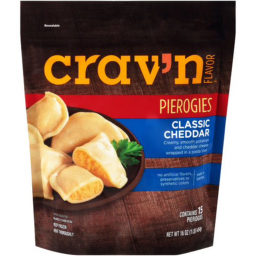 Crav'n Flavor Classic Cheddar Creamy, Smooth Potatoes And Cheddar Cheese Wrapped In A Pasta Shell Pierogies