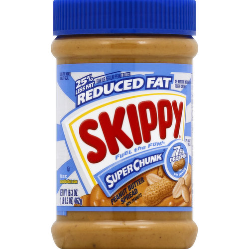 25% less fat than our regular peanut butter. See nutrition information for fat content. 7 g protein per serving. 60% peanuts. 7% daily value. Fat content has been reduced from 16 g to 12 g per serving. Gluten free. Fuel the fun! Look for inner quality seal. Delicious anytime! Morning. Noon. Delight. Night. Comments and questions call 1-866-4Skippy. Visit us at peanutbutter.com. Only for distribution in the USA.