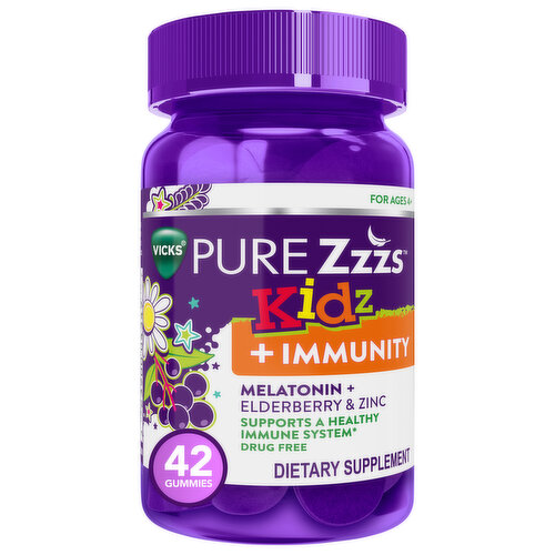 Vicks Melatonin + Elderberry & Zinc, for Ages 4+, + Immunity, Kidz, Gummies