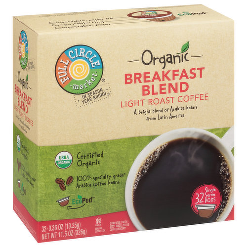 Full Circle Market Coffee, Organic, Light Roast, Breakfast Blend, Single Serve Pods