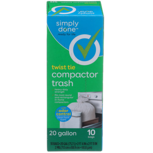 Simply Done Twist Tie Compactor Trash Bags With Odor Control, Clean Fresh