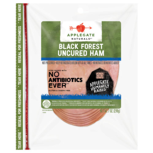 Hearty smoking brings a classic German tradition to your sandwich in Applegate Natural Uncured Black Forest Ham. Sliced and slow smoked to perfection, this ham is ready for your sandwich. It's fully cooked deli ham sandwich meat and ready to eat. It's the perfect lunch meat or cold cut. We source from farms, where animals are raised with care and respect. We believe this leads to great tasting products and peace of mind— all part of our mission. Changing The Meat We Eat. Fully cooked. Reseal for freshness. Gluten & casein free. Applegate humanely raised (Pork raised with no crates ever on vegetarian feed with no added hormones or growth promotants.). No nitrates or nitrites added (Except those naturally occurring in sea salt & cultured celery powder). Pork raised with no antibiotics ever (Pork never administered antibiotics or fed animal by-products). Naturals (Minimally processed. No artificial ingredients).