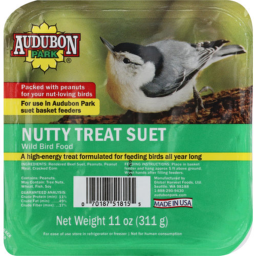 Packed with peanuts for your nut-loving birds. For use in Audobon Park suet basket feeders. A high-energy treat formulated for feeding birds all year long. audobonpark.com. Made in USA.