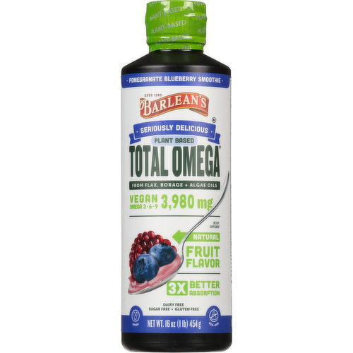 Barlean's Total Omega, Plant Based, Pomegranate Blueberry Smoothie, 3980 mg