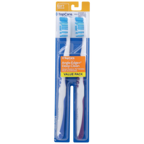 QUESTIONS? 1-888-423-0139
00000P
ANGLED OUTER TUFTS TO MASSAGE GUMS AND HELP CLEAN PLAQUE. ERGONOMIC HANDLE DESIGN FOR BETTER FEEL AND CONTROL. ANGLED END-TUFT EASILY REACHES BACK TEETH. GREEN REPLACE-ME BRISTLES FADE WITH USE TO REMIND USER TO REPLACE BRUSH. DENTISTS RECOMMEND REPLACING YOUR TOOTHBRUSH EVERY 3 MONTHS.
QUALITY GUARANTEED - THIS TOPCARE PRODUCT IS LABORATORY TESTED TO GUARANTEE ITS HIGHEST QUALITY. YOUR TOTAL SATISFACTION IS GUARANTEED.
COPYRIGHT TOPCO RANA1217