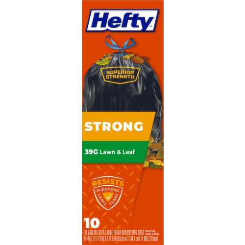 Superior strength. Lawn & leaf. Resist punctures, leaks, tears. Superior Strength: Resists punctures, leaks & tears. Drawstring closure. Extra large capacity. May contain a light scent. Hefty is committed to advancing sustainable, end-of-life solutions for plastic waste. Check out www.hefty.com to learn more about our latest programs and products.