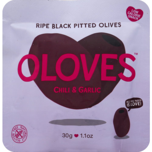 Ripe black pitted olives. Gluten free. Vegan. Low calorie snack. No: Gluten, wheat, dairy, nuts. GMO free. Natural. All you need is love! Lunchbox friendly. Juicy plump olives bathing in spicy harissa and fragrant garlic - very you! Share the love at: www.oloves.com. Oloves bring you the tastiest olives, freshly packed and in a range of delicious flavours. Bursting with natural goodness, they're high in loveliness and really low in calories. No stones, no fuss - just the best snack going! More flavours available! Kids & adults love 'em! www.ilovesnacking.com. Follow us on Facebook and Twitter. Packed in a protective atmosphere. Packed in Morocco.