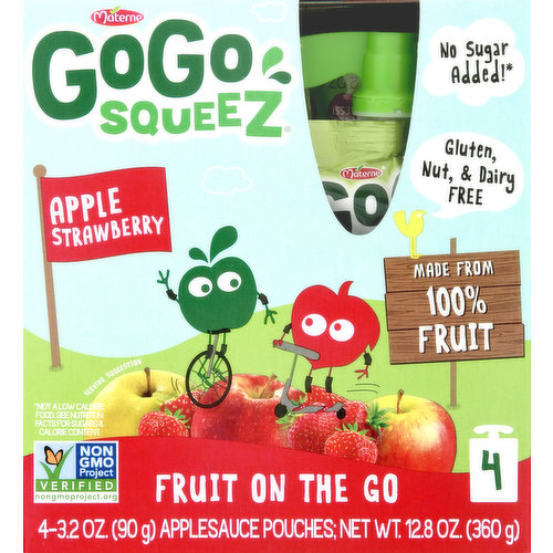 GoGo Squeez Apple Sauce, Fruit On The Go, Apple Strawberry, 4 Pack